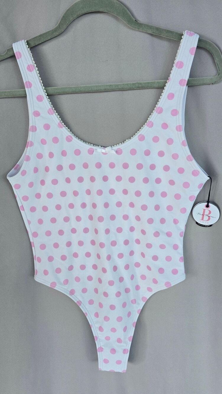 NWT BSwim Brigitte Swimsuit Womens Large White Pink Polka Dot One Piece Swimsuit